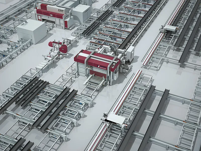 Vollautomatische Behringer Sägeanlage Behringer vollautomatische Sägeanlage mit Bohrfräszentrum
