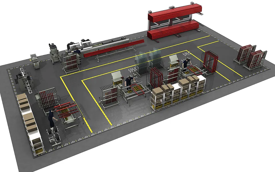 Emmegi Beispiel einer kleinen Produktionslinie (Aluminiumprofile) Emmegi Beispiel einer kleinen Produktionslinie (Aluminiumprofile)