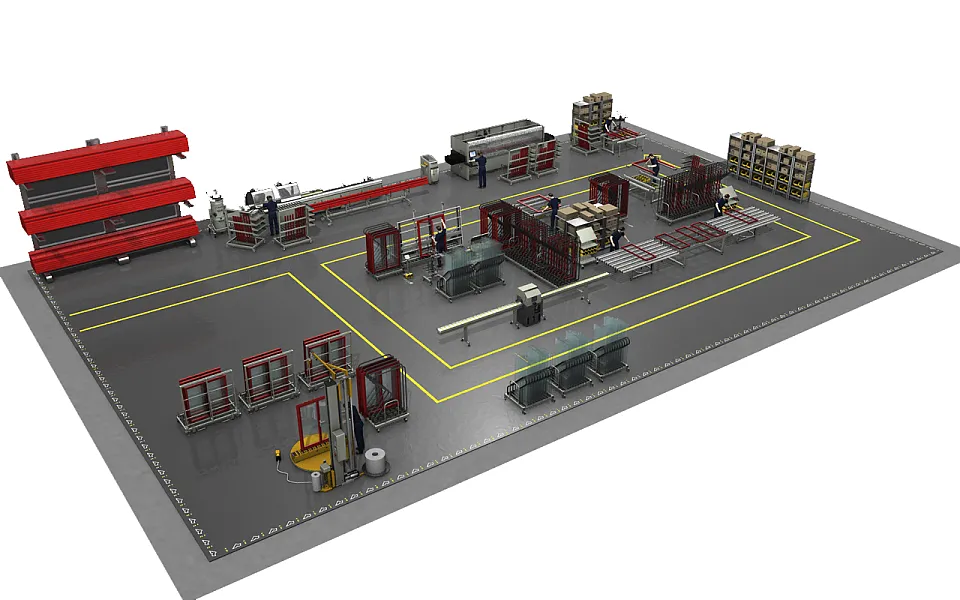 Emmegi Beispiel einer mittelgrossen Produktionslinie (Aluminiumprofile) Emmegi Beispiel einer mittelgrossen Produktionslinie (Aluminiumprofile)