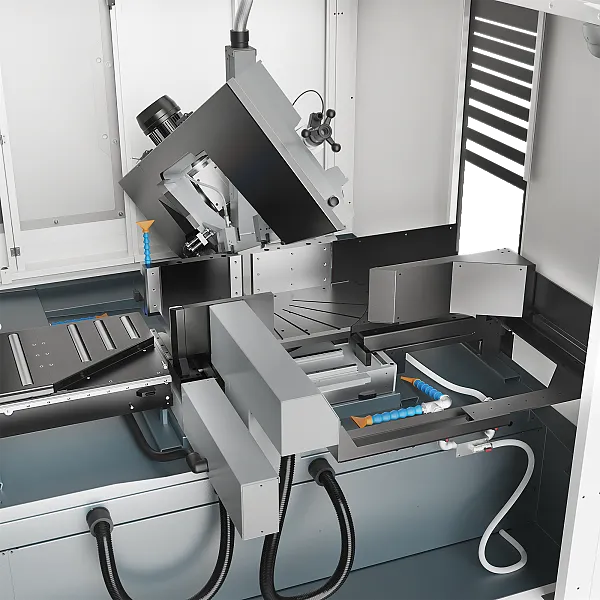 vollautomatische Gehrungseinstellung Die Spanneinrichtungen passen sich der Position des Sägerahmens an.