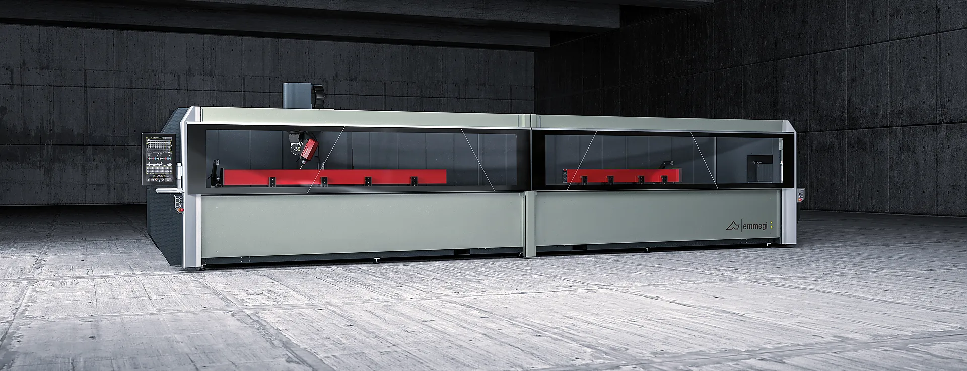 5-Achs Profilbearbeitungszentrum mit Vollverschalung zur Bearbeitung von Aluminium- und Stahlprofilen inklusive Zuschnitt.